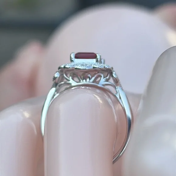 Emerald Cut 1.75 tcw Genuine Ruby & Diamond Ring Sterling Silver Size 7 - Picture 7 of 13